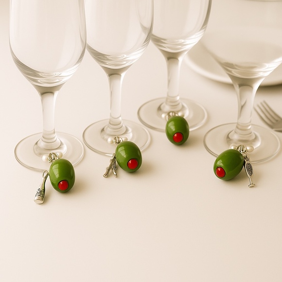 Green Olive Wine Glass Charms – Set of 4 | Martini Party Stemware Markers - Picture 1 of 12